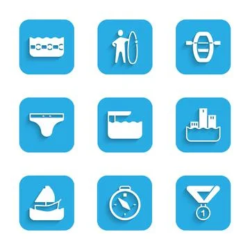 Set Diving board or springboard, Compass, Medal, Winner podium, Yacht sailboat Stock Illustration