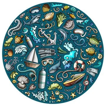 Set of Diving cartoon doodle objects. Round composition Stock Illustration