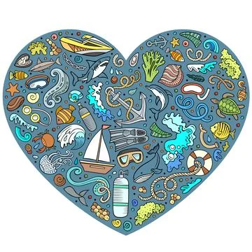 Set of Diving cartoon doodle objects. Heart form composition Stock Illustration