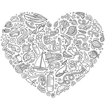 Set of Diving cartoon doodle objects. Heart form composition Stock Illustration