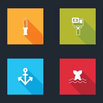 Set Diving knife, Action extreme camera, Anchor and Whale tail icon. Vector 库存插图