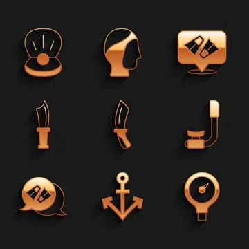 Set Diving knife, Anchor, Gauge scale, Snorkel, Flippers for swimming,  and.. Stock Illustration
