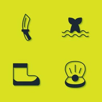 Set Diving knife, Pearl, Boots and Whale tail icon. Vector Illustrazione stock