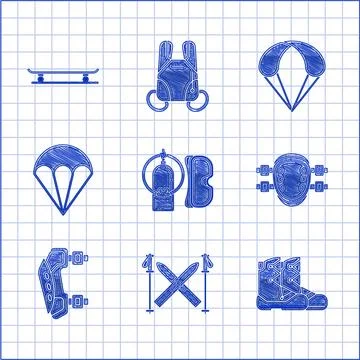 Set Diving mask and aqualung, Ski sticks, Boots, Knee pads, Parachute, and .. Stock Illustration