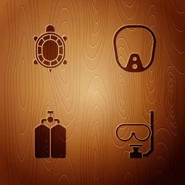 Set Diving mask and snorkel, Turtle, Aqualung and on wooden background. Vector 스톡 일러스트
