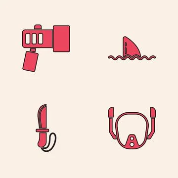 Set Diving mask, Flashlight, Shark fin ocean wave and Knife icon. Vector Stock Illustration