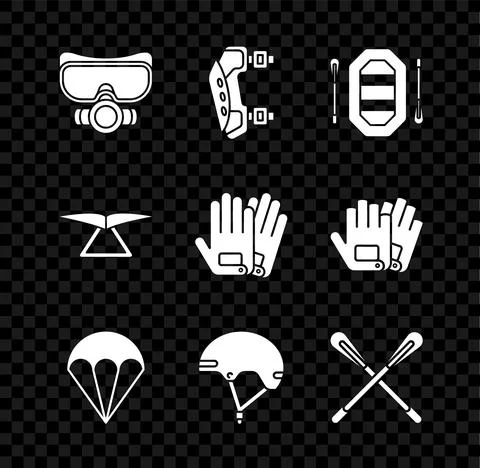 Set Diving mask, Knee pads, Rafting boat, Parachute, Helmet, Crossed paddle Stock Illustration