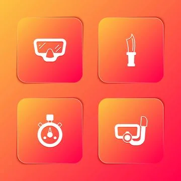 Set Diving mask, knife, Stopwatch and with snorkel icon. Vector Stockillustratie
