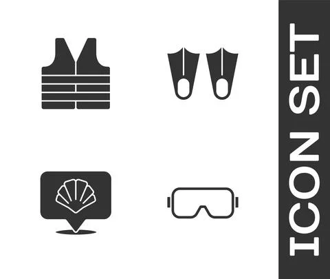 Set Diving mask, Life jacket, Scallop sea shell and Rubber flippers icon. Vector Stock Illustration