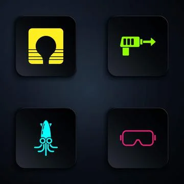 Set Diving mask, Life jacket, Octopus and Fishing harpoon. Black square button Stockillustratie
