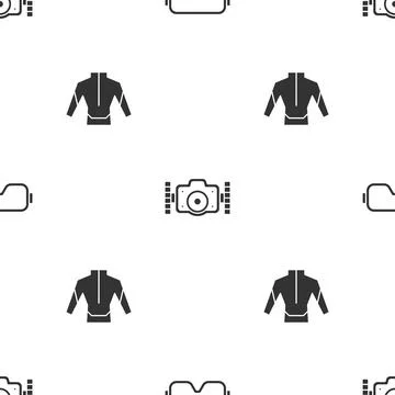 Set Diving mask, Photo camera and Wetsuit on seamless pattern. Vector Illustrazione stock