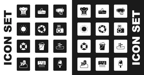 Set Diving mask, Rubber swimming ring, Sun, Bodybuilder muscle, Photo camera Stock Illustration