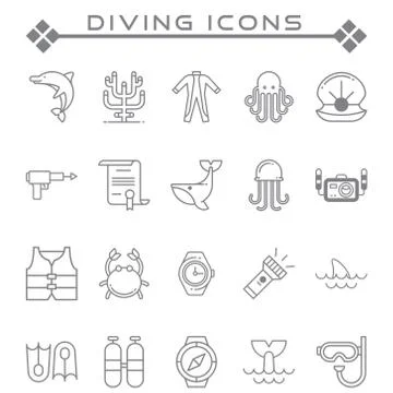 Set of Diving Related Vector Line Icons. Stock Illustration