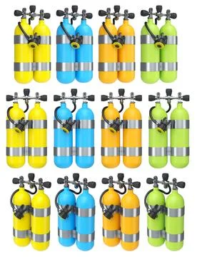 Set of diving tank full oxygen for snorkeling on white background. Stock Illustration