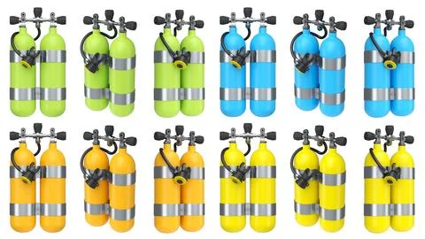 Set of diving tank full oxygen for snorkeling on white background. Stock Illustration