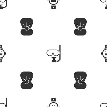 Set Diving watch, mask and snorkel and Shell with pearl on seamless pattern Stock Illustration