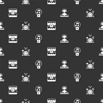 Set DJ playing music, Drums, Music wave equalizer and Play square on seamless Stock Illustration