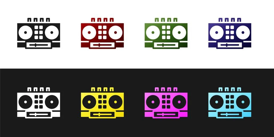 Set DJ remote for playing and mixing music icon isolated on black and white Ilustração Stock