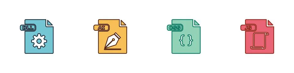 Set DLL file document, AI, CSS and JS icon. Vector Illustrazione stock