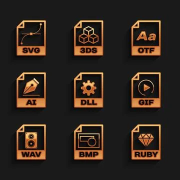 Set DLL file document, BMP, RUBY, GIF, WAV and AI icon. Vector Illustrazione stock