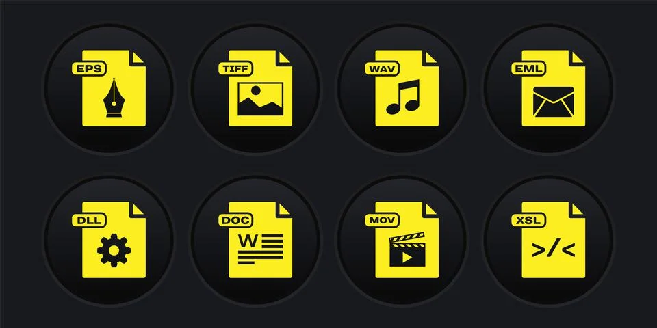 Set DLL file document, EML, DOC, MOV, WAV, TIFF, XSL and EPS icon. Vector 库存插图
