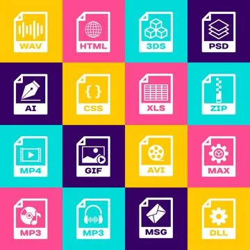 Set DLL file document, MAX, ZIP, 3DS, CSS and AI icon. Vector Stock Illustration