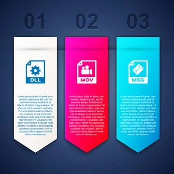 Set DLL file document, MOV and MSG. Business infographic template. Vector Illustrazione stock