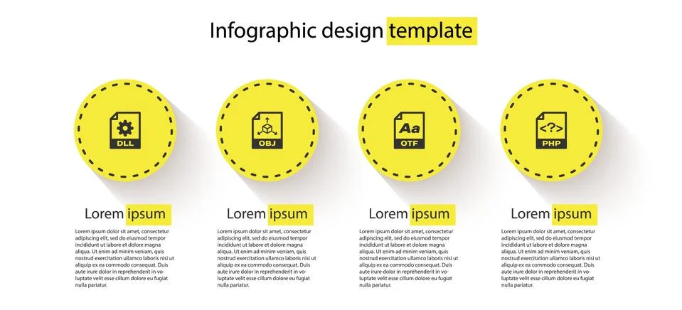 Set DLL file document, OBJ, OTF and PHP. Business infographic template. Vector Stock Illustration