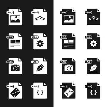 Set DLL file document, PDF, JPG, PHP, RAW, AI, CSS and MSG icon. Vector Stock Illustration