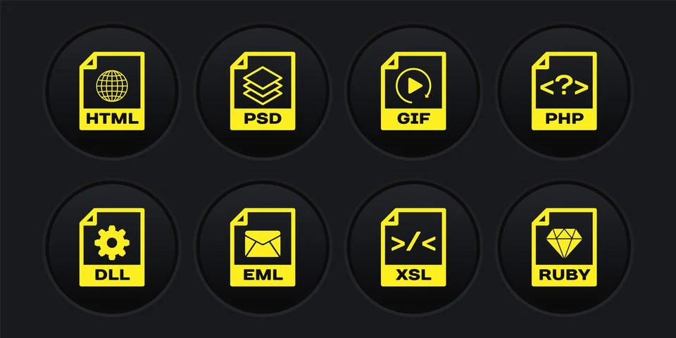 Set DLL file document, PHP, EML, XSL, GIF and PSD icon. Vector Illustration