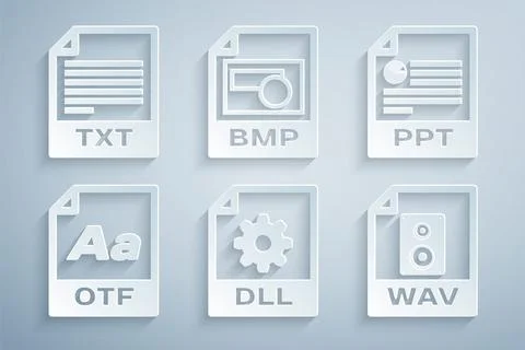 Set DLL file document, PPT, OTF, WAV, BMP and TXT icon. Vector Illustrazione stock