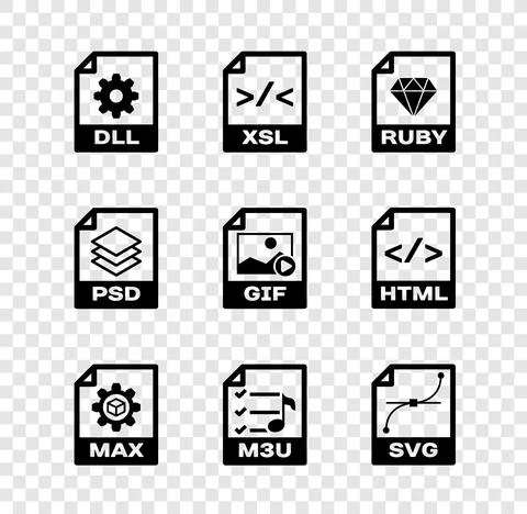 Set DLL file document, XSL, RUBY, MAX, M3U and SVG icon. Vector Illustrazione stock