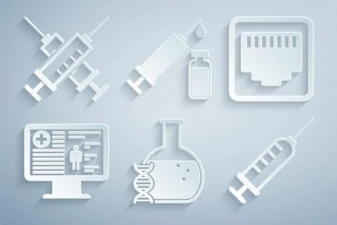Set DNA research, search, Network port cable socket, Clinical record on monitor Stock Illustration