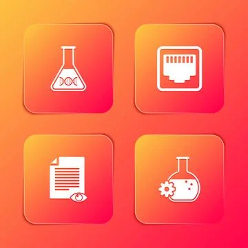Set DNA research, search, Network port cable socket, Paper page with eye and  Stock Illustration