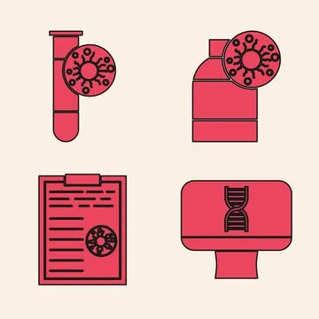 Set DNA spiral and computer, Test tube with virus, Bottle with virus and Stock Illustration