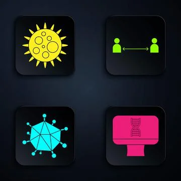 Set DNA spiral and computer, Virus, Virus and Safe distance. Black square button Stock Illustration