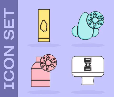 Set DNA spiral and computer, Blood test and virus, Bottle with virus and Runny Stock Illustration
