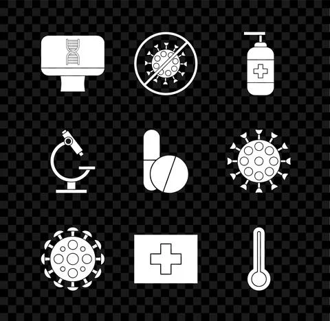 Set DNA spiral and computer, Stop virus, Bottle of liquid antibacterial soap 스톡 일러스트