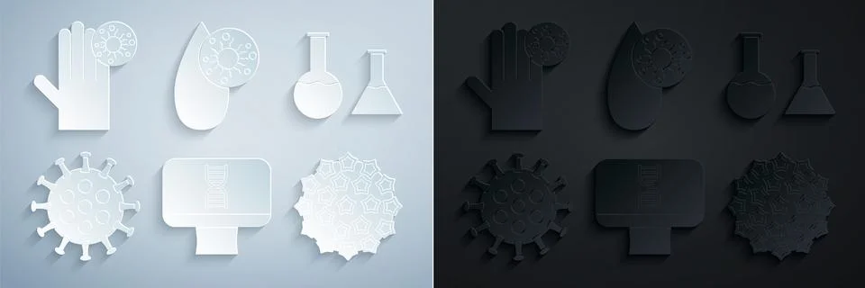 Set DNA spiral and computer, Test tube flask, Virus, Blood test virus and Hand Stockillustratie