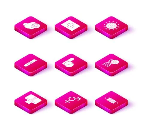 Set DNA spiral and computer, Gender, Blood test virus, Medicine pill or tablet Stock-Illustration
