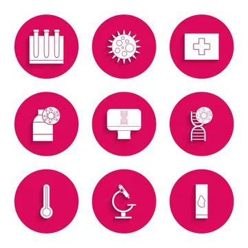 Set DNA spiral and computer, Microscope, Blood test virus, symbol, Medical Illustrazione stock