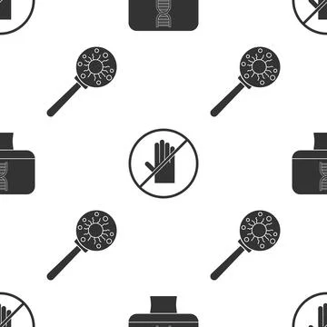 Set DNA spiral and computer, No handshake and Virus under magnifying glass on Illustrazione stock