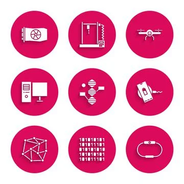 Set DNA symbol, Binary code, Smartwatch, Wireless charger, Neural network Stock Illustration