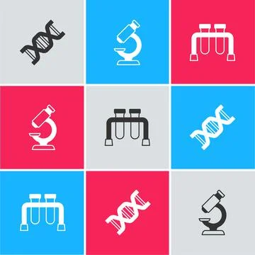 Set DNA symbol, Microscope and Test tube icon. Vector Illustrazione stock