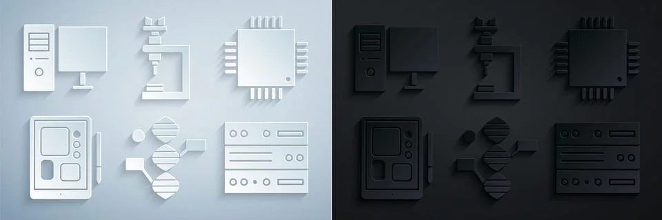 Set DNA symbol, Processor with microcircuits CPU, Graphic tablet, Server, Data Illustrazione stock