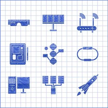 Set DNA symbol, Server, Data, Web Hosting, Rocket ship with fire, Smartwatch Stock Illustration
