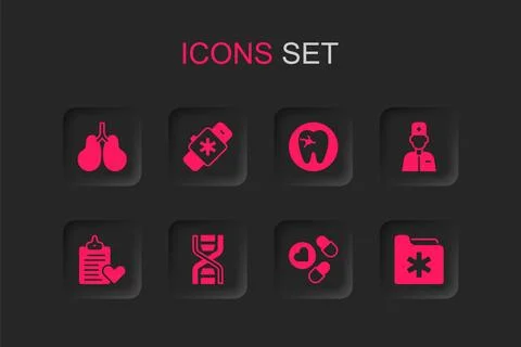 Set DNA symbol, Smart watch with heart, Lungs, Medicine pill or tablet, Mal.. Stock Illustration