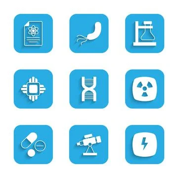 Set DNA symbol, Telescope, Lightning bolt, Radioactive, Medicine pill or tablet Stock-Illustration