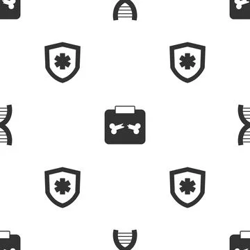 Set DNA symbol, X-ray shots with broken bone and Life insurance on seamless Illustrazione stock