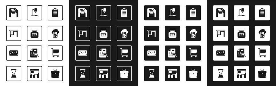 Set To do list or planning, Inkwell, Office desk, Floppy disk, Cloud database Stock Illustration